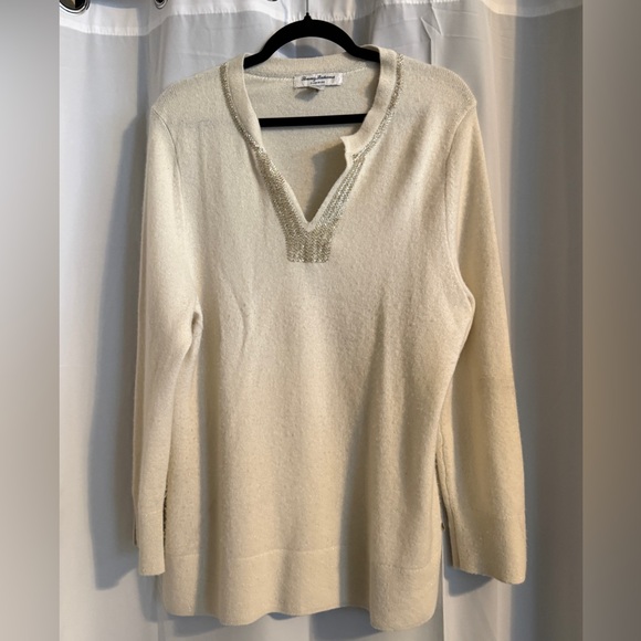 Tommy Bahama Cashmere Beaded V Neck Sweater L Cream - Picture 2 of 13